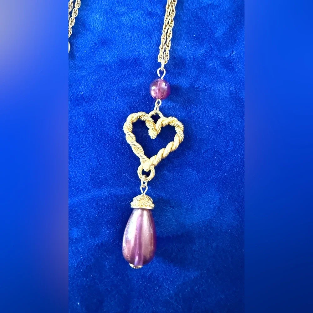 Avon Gold-Tone Heart Pendant Necklace with Purple Beads